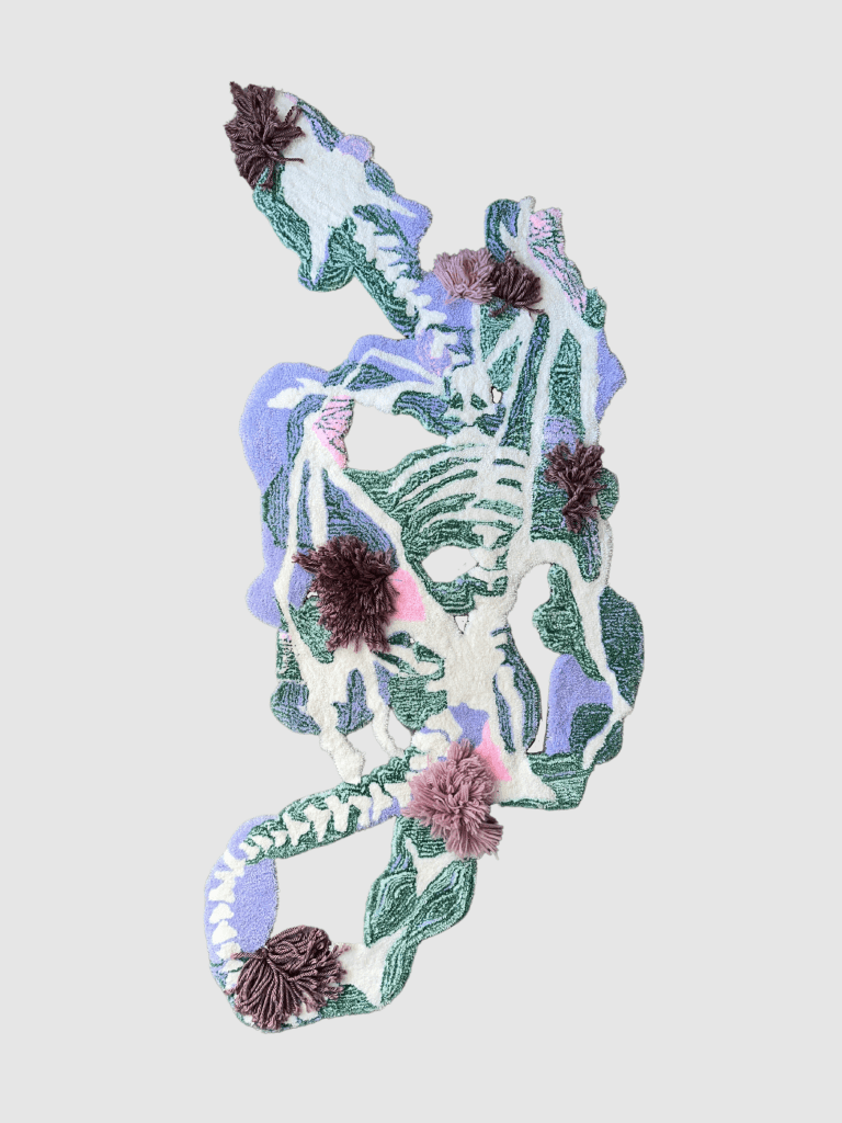 Hand-made rug crafted in a London studio featuring a dragon's skeleton and blooming field design, made from wool. 