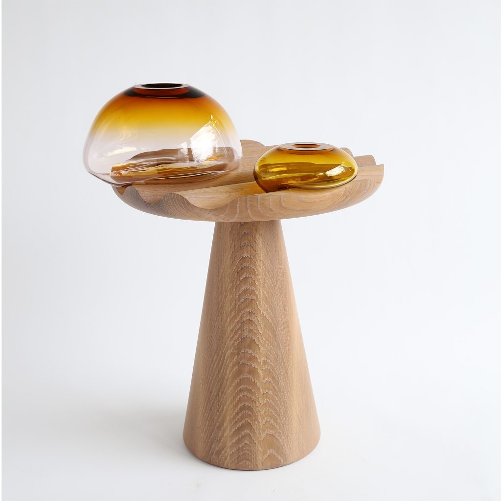 Haptic – Blown Glass And White Oak Blonde Glass Side Table by Studio Lisa Sacco