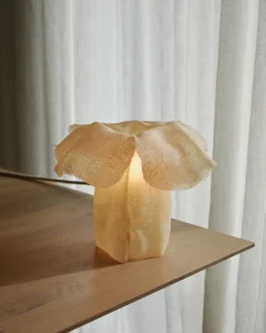 Thalie Vi Table Lamp Sheer Fabric on a wood tabletop and white curtain background
