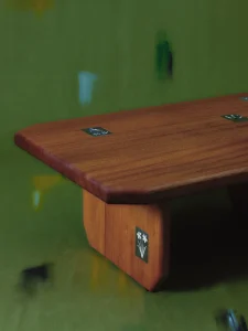 Close-up of the Meadows side table in oiled solid mahogany, showing the warm grain and a small metal inlay in the top, against a green backdrop, by BOTHI