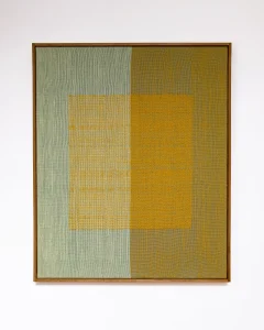 Bandiera N° 16 handwoven wall art in fields of pale green, ochre and mustard cotton, linen, wool and silk, in a thin wooden frame, by Susanna Costantini