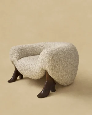 High Heels armchair in oak and fabric, with a curved cabriole-style leg