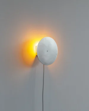 Orb Wall Sconce In Stainless Steel lit on a white wall, front view